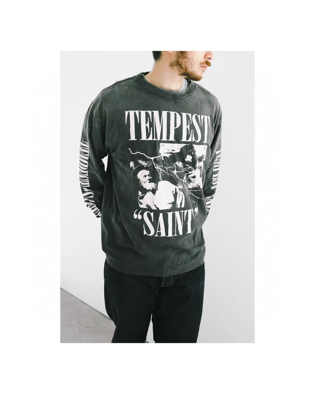 SAINT Mxxxxxx LS TEE/TEMPEST/BLK 'TEMPEST SAINT' Storm Religious Saints Cracked Retro Vulcanized Heavy Wash Long Sleeves Washed Black S-XL Assute Dyeing Multi-bit Horse Fading Craftsmanship Grinding and Hanging Holes Full of Old Feeling Top Printing Craftsmanship Purchasing Level
